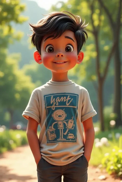 A boy wearing shirt with print sanul back side 