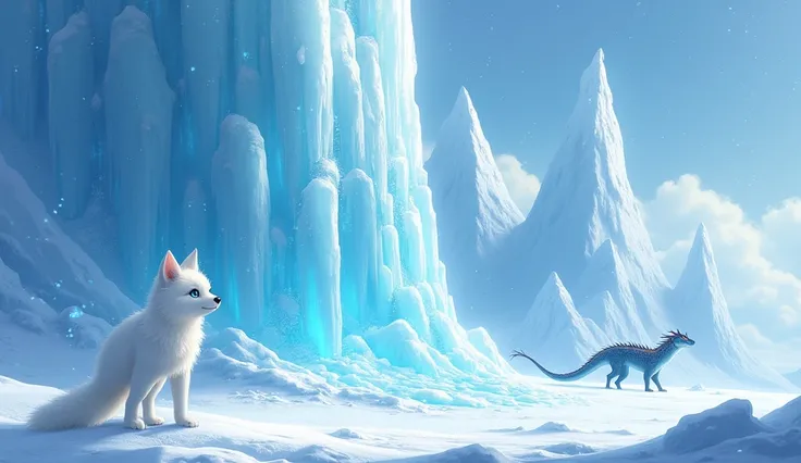 Anime image : Nixie A little white snow fox with icy blue eyes, standing in awe before a giant, sparkling glacier. The Blizzard Crystal is shining in the distance, guarded by a fearsome (Ice Dragon with shimmering scales and fiery eyes. )