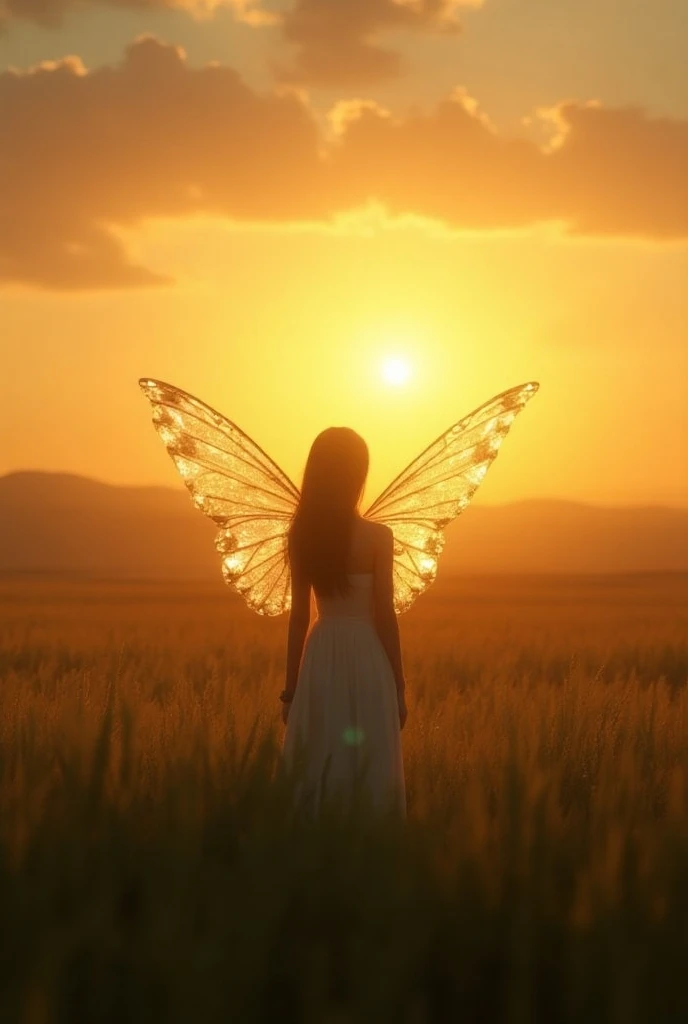  A background of a golden sunset over a wide field,  with an ephemeral in the foreground ,  his delicate wings shining with light . 


