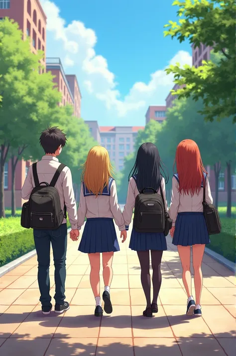 Four friends walking around in school uniforms