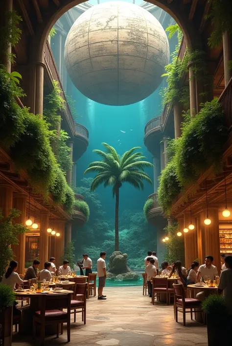 On the ground floor of the cafe ,  “Bayterek” aquarium and mini-gallery .  You can take the elevator to the giant ball .  There is a wooden globe with 17 leaves and a palm tree in the center of the hall.