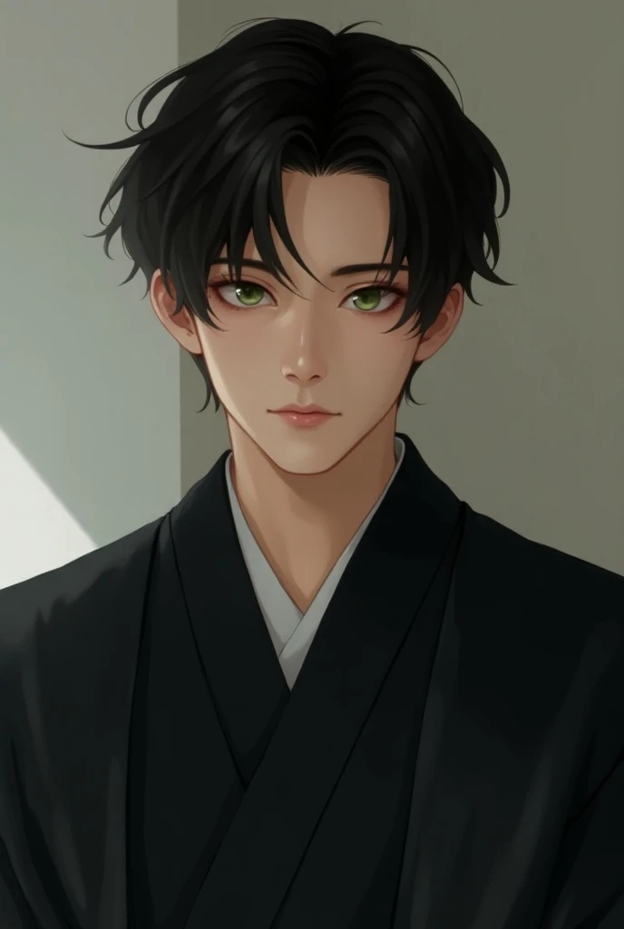 A young man with black hair and green eye with black Kimono 
