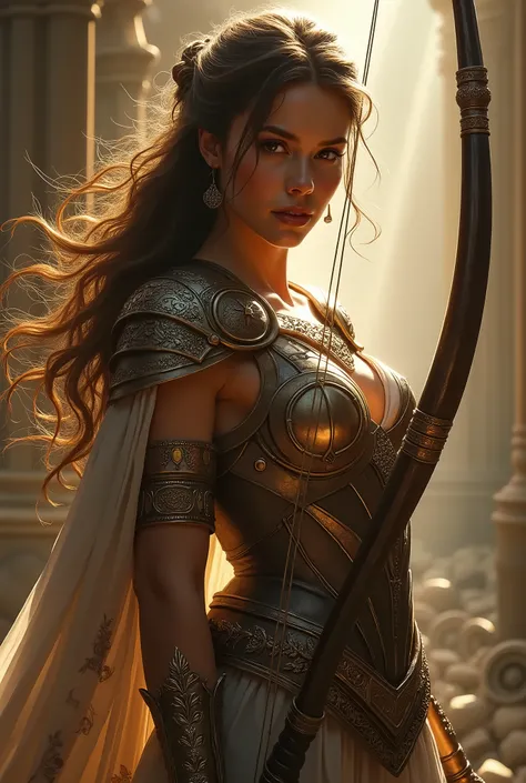 Artemis, the goddess of the hunt, poised with bow and arrow, (detailed portrait,cinematic lighting,dramatic pose:1.2),realistic digital painting, intricate details, glowing skin, piercing eyes, flowing hair, ornate armor, (photorealistic,hyper detailed:1.4...