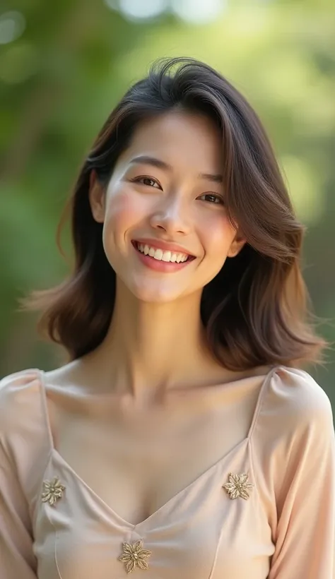 A middle-aged Korean woman who looks healthy and young is smiling brightly