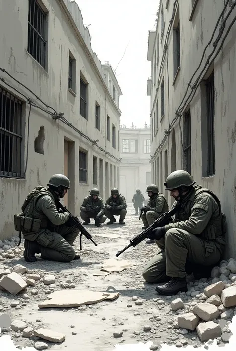  Soldiers resting in a destroyed building :  A small squad of soldiers sits and kneels in a destroyed building,  that serves as cover .  Some soldiers are looking out of windows or gaps in the walls ,  while someone else is studying maps or preparing ammun...