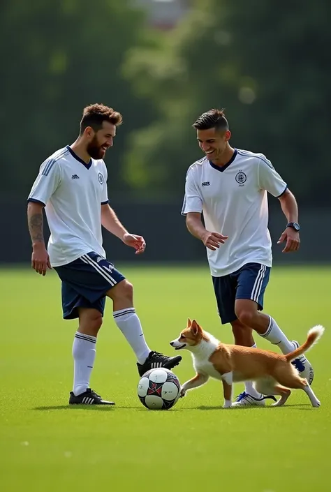 Messi and Ronaldo on a lush green football field, each wearing casual athletic gear. Messi gently kicks a soccer ball towards a curious, fluffy tabby cat, while Ronaldo stands nearby, laughing and dribbling the ball next to a lively, spotted dog. The cat i...