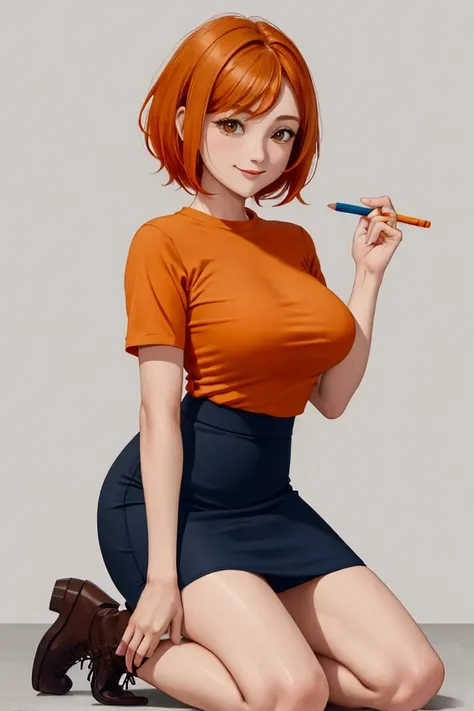 best quality, highres, and20, 1girl, solo girl, 1girl, orange hair, brown eyes, tight, (office casual blue pencil skirt/), orange shirt, short hair, short sleeves, large breasts, short hair, shoes, high black boots with orange laces, long over knee socks, ...