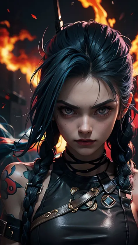 Jinx，shark rocket，Fierce eyes，red eyes，angry，Angry，Getting angry，Ferocious face，Machine Gun ， Heavy Weapons ， best quality，An excellent masterpiece，War，battlefield background，A smoky, blackened face