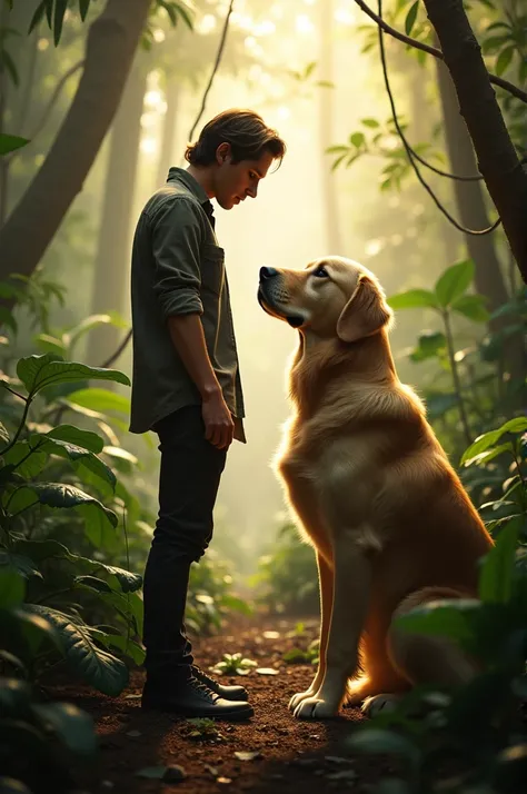 hyper-realistic, cinematic 8k masterpiece with a full- body profile of Tom Holland and a Golden Retriever facing each other in the jungle