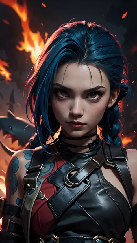 Jinx，shark rocket，Fierce eyes，red eyes，angry，Angry，Getting angry，Ferocious face，Machine Gun ， Heavy Weapons ， best quality，An excellent masterpiece，War，battlefield background，A smoky, blackened face