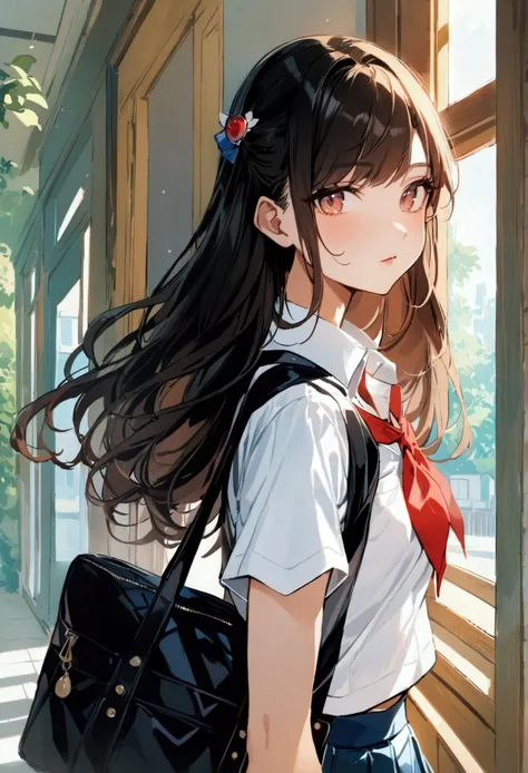 masterpiece,1girl,pretty girl,(16’s high school pretty girl,high school girl,student,skirt,school uniform),looking viewer,anime,upper body,Cute fashion