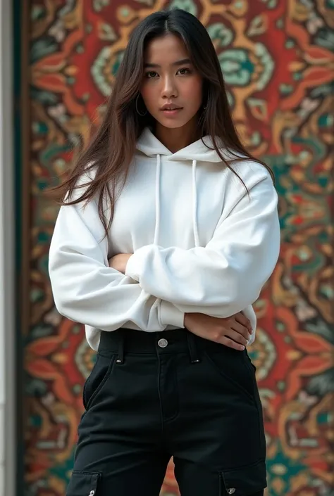 Indonesian beautiful woman stands confidently against an intricately patterned backdrop. She has long, flowing hair and wears a white hoodie paired with black, stylish cargo pants. One hand rests on her hip while the other is raised, framing her face. The ...