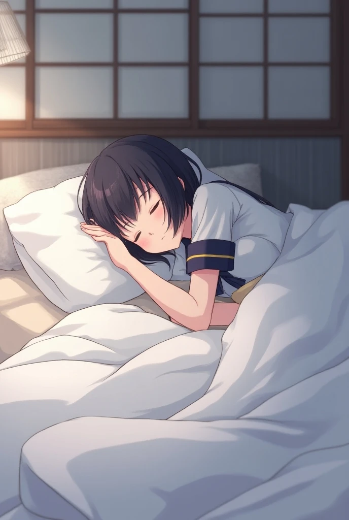 Anime girl with Japanese uniform have medium breast is sleeping on the bed