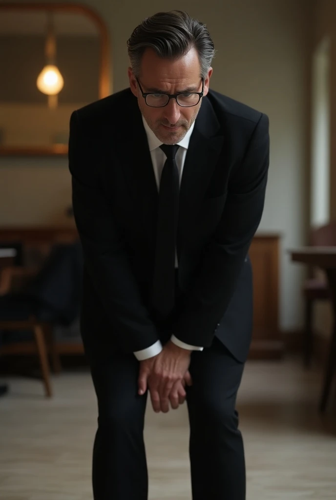  30 years old，Handsome English man with glasses， black suit 、 black tie 、Black socks，Black leather shoes，The mans crotch hurts a lot，Man bends down ，Handsome Italian man with glasses clasping his hands tightly to his crotch 