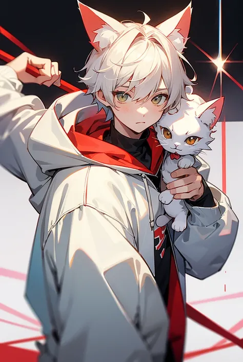 a cute boy.very short hair. hair color is red and white.He wears white over size hoodie. Hes holding a stuffed animal. 
Cat ears, 