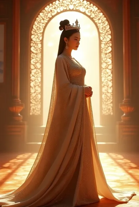 Please create an image of the Queen of Korea wearing a queens costume on a beautiful palace background 