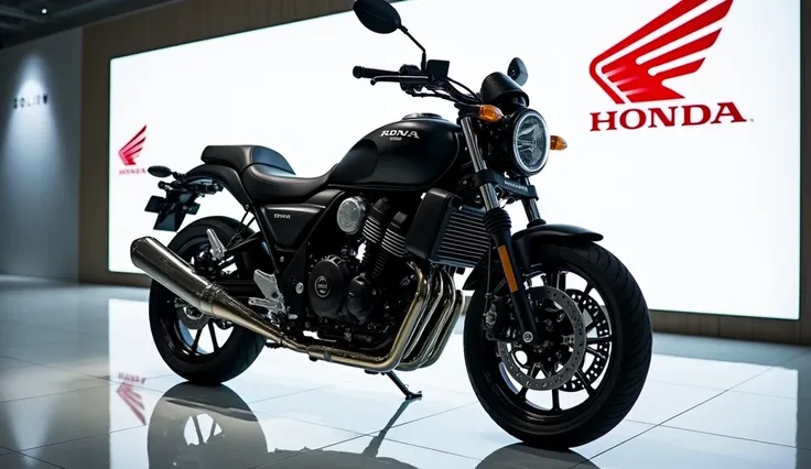 A full attractive hd photo of new 2025 Honda Rebel 1100 black color of exterior. A white shiny showroom background logo on the wall. A bike with front right side view of vehicle.