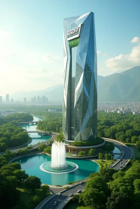 Generate a futuristic big TOWER HOTEL building, semi Hexagon variation building, with the logo RUSDHY RECYDENCE, the fountain gushes beautifully, Large Garden, lake bridge, Green City And Natural Settings As Well There Is A Highway, Green City, Realistic Q...