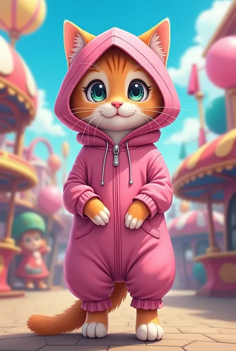 a cat standing, wearing a Anime Melodys pink suit with hood, amusement park background, looking at the front, realistic