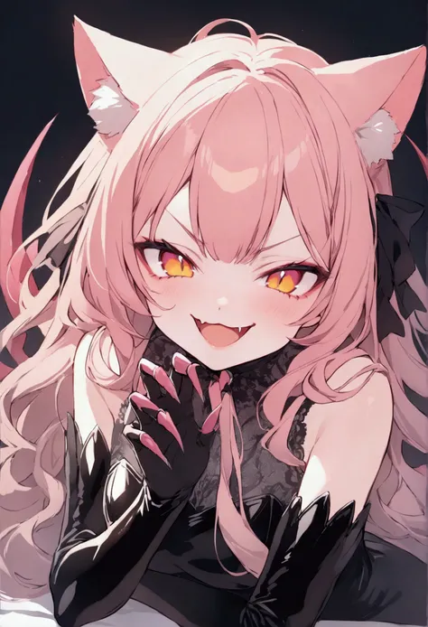 cat girl with clawed long latex gloves with long sharp claws, playful smug face