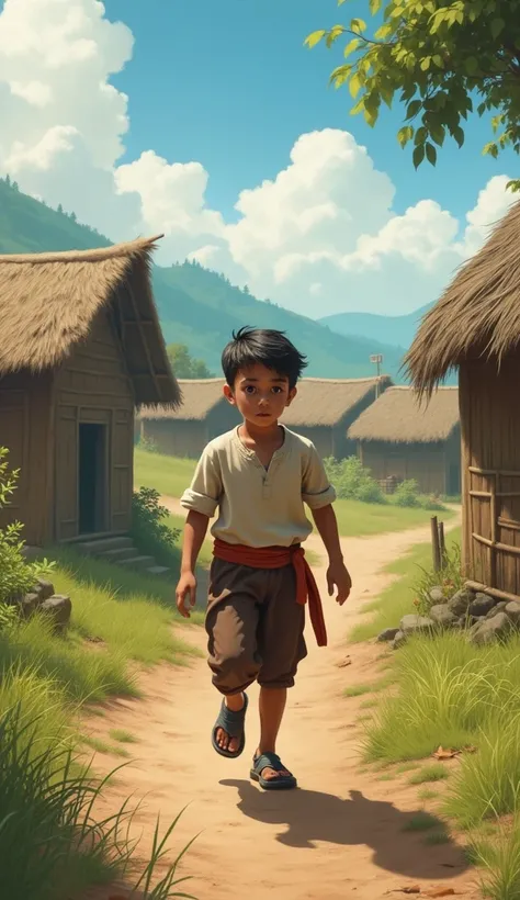 Village Scene with a : A small village with simple homes, fields, and trees. A young boy stands in the center, looking determined, wearing traditional clothing and shoes suitable for running.in hyper Realistic style 