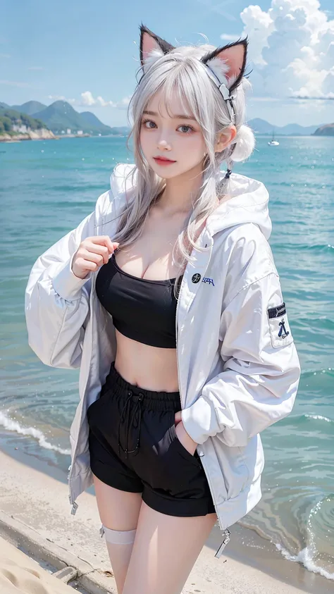 White short hair with cat ears、Please draw me a cute girl wearing shorts and a hoodie with ocean art。Her short white hair flutters in the wind、Cat ears stand proudly atop her head.。The shorts and hoodie represent her active personality.、Perfect for seaside...