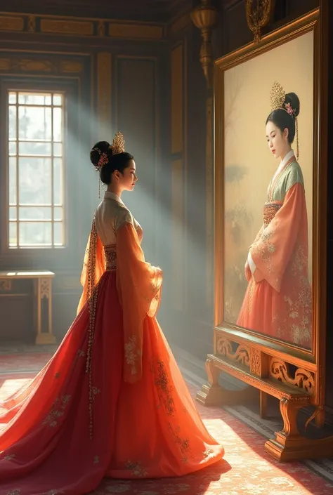 Please create an image of the Queen of Korea dressed in Hanbok looking at the painting against a beautiful palace background 