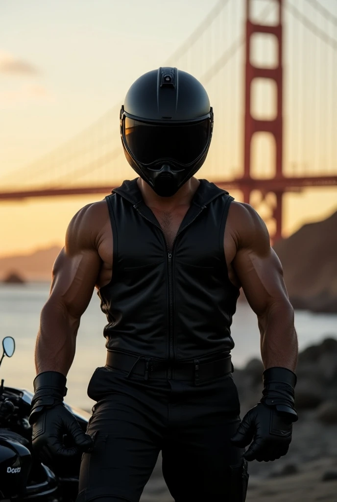 Realistic close-up photo , brutal, pumped up,  wearing a large black motorcycle helmet, in the uniform of an airplane pilot  , black gloves ,  sits by the riverbank next to the Golden Gates Bridge,  next to a man is a black ducatti motorcycle ,  against th...