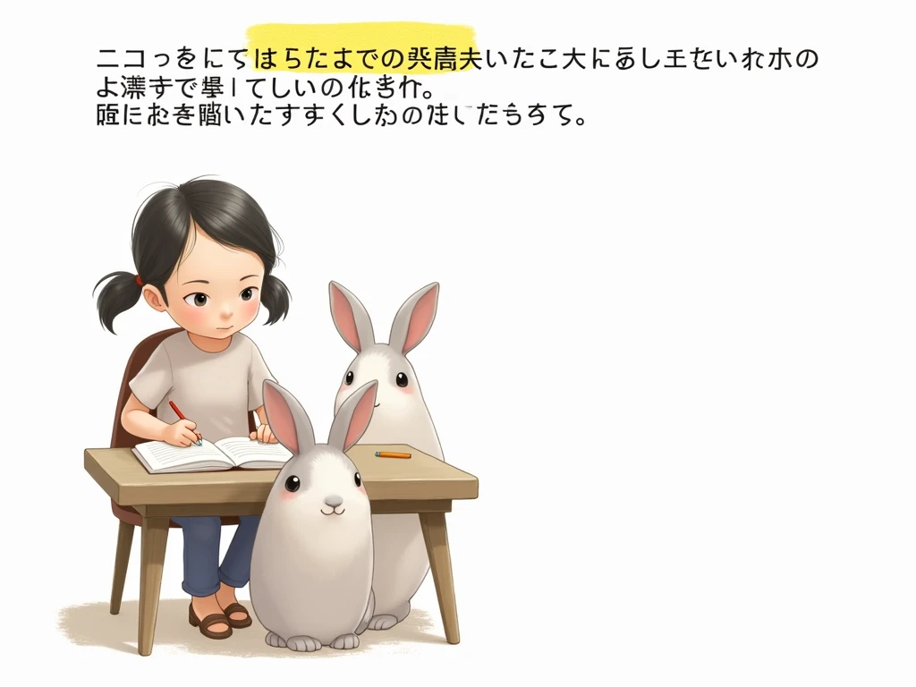 Girl sitting in front of a desk learning ， Two rabbits sit next to imitate a girl 