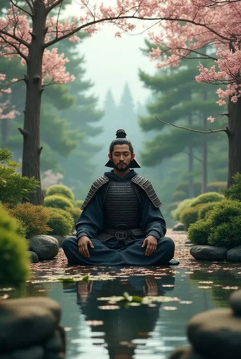 samurai warrior meditating in a beautiful garden 