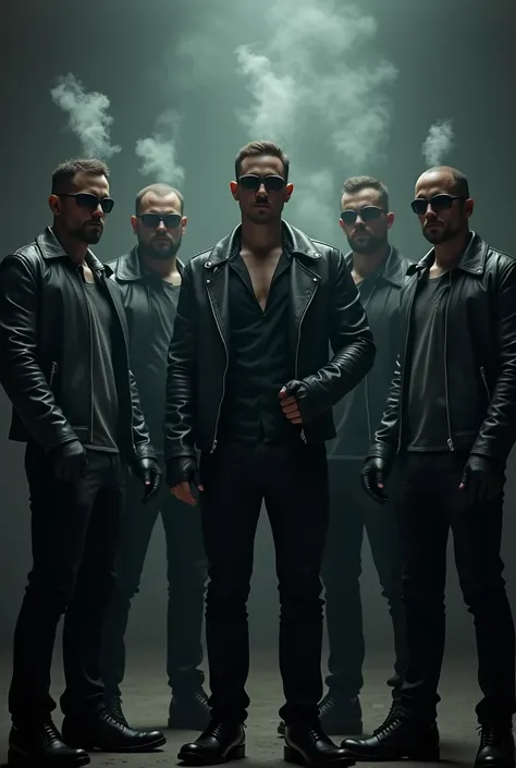 A group of 6 men in sunglasses wearing leather jackets and leather pants and leather gloves are smoking in a dark space