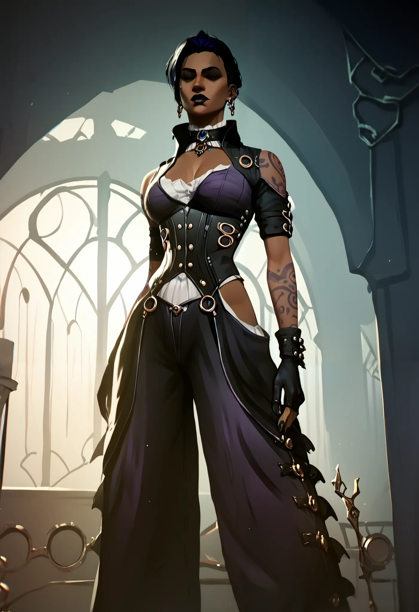 a character outfit from the series arcane gothic outfit , detailed, black clothes, dark skin, metallic, bioluminescent purple ta...