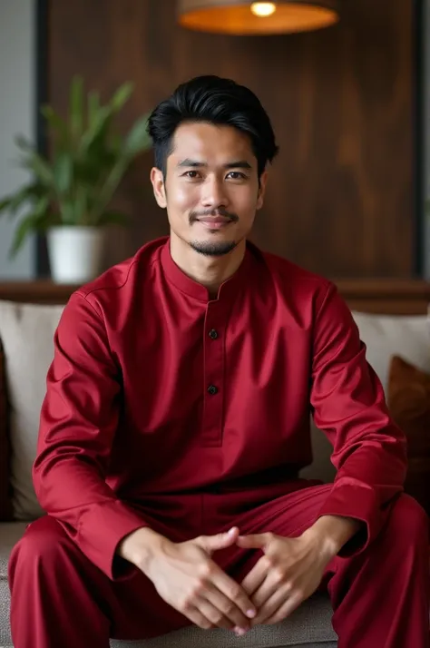 A handsome 45 year old Indonesian man, neat short black hair, wearing male red Muslim clothing, sitting on an elegant living room sofa, looking straight ahead at the camera. 