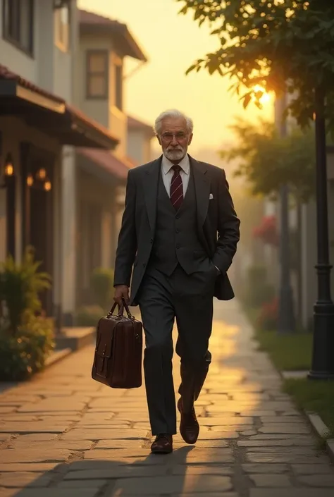 A handsome old man is walking home from work