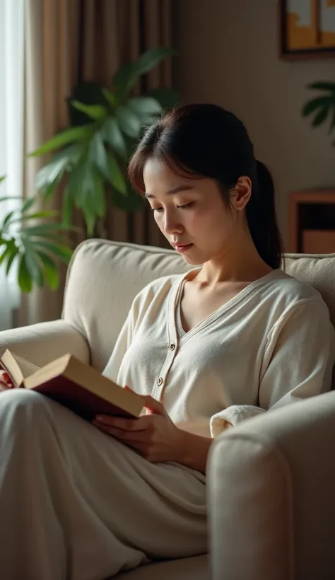 A middle-aged Korean woman sitting comfortably on a sofa and leisurely reading a book