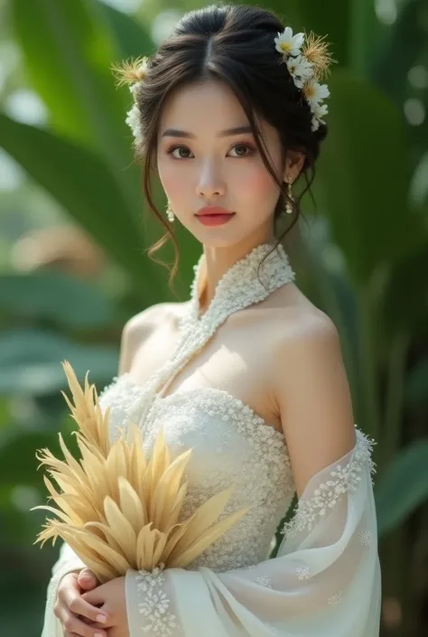 Beautiful woman in sparkling white Thai dress with head accessories Carrying a krathong made from banana leaves