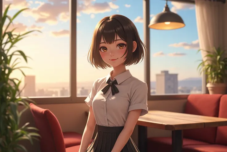 (8k, RAW photo, best quality, masterpiece:1.2), (realistic, photo-realistic), ultra-detailed, depth of field, 1 girl, cute, solo, beautiful detailed sky, detailed cafe, morning, sitting, dating, (nose blush), (smile:1.1), (closed mouth), medium breasts, be...