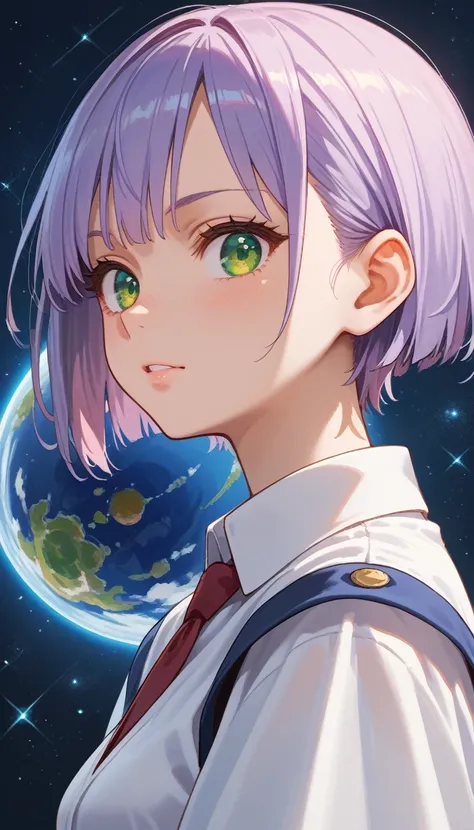 portrait anime girl, 20years old, straight view, looking at viewer, anime style clothes of black color, anime girl, solo girl, solo, short hairs, anime style eyes of high detailed, green color eyes, space background, ultra high quality, best quality, sharp...