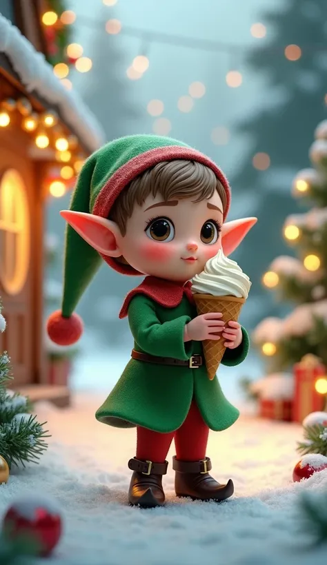 cute elf is eating ice cream，Christmas atmosphere