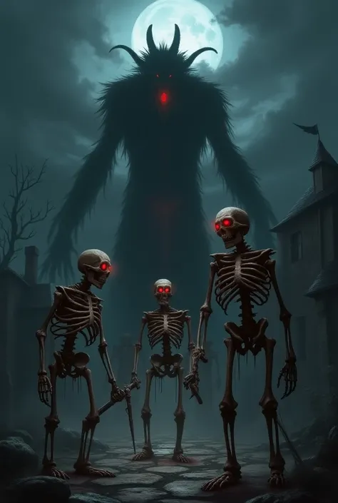 The haunted castle, with eerie skeletons standing guard, their hollow eyes glowing red under a dark and ominous sky. In the background, there is a hint of a massive demon with huge tusks jutting from its mouth, casting a terrifying shadow. The atmosphere i...