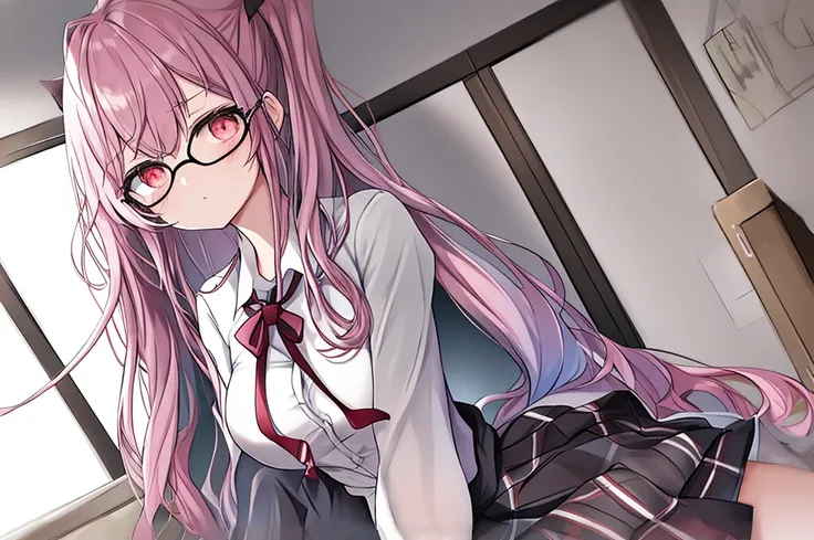 １７Year old schoolgirl　High school girl in black high socks Japan　puffed out cheeks　Fume　Lack of eye power　The skirt is ironed　The shirt is ironed　The tie is about to come off　plaid skirts　Glasses twin tail rough sketch　The contours are not black　Outlines a...