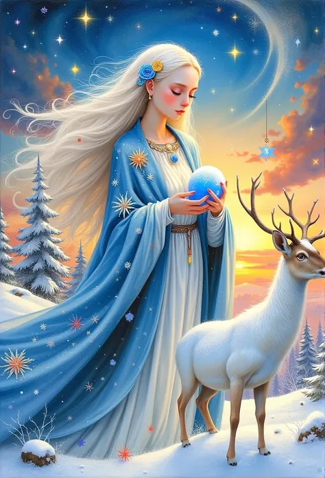 goddess,   closed eyes   ,  snowdrifts , Sunset,  ice,   holds a big blue crystal in her hands, flowers snowflakes in ears ,   big snowflakes fly around ,   big white deer nearby ,  jewelry   ,  snow  , lots of snowflakes ,   long hair, Compose  ,  white h...