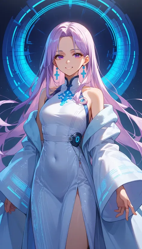 A female anime character with a soft smile, long lavender hair,. She wears an elegant, white futuristic robe with intricate metallic patterns, radiating light. Her hand is raised with a holographic projection of distant galaxies, giving a sense of calm and...