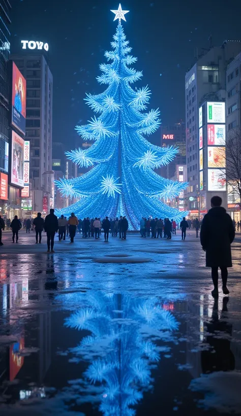 Christmas mood in Shibuya, night, illumination, reflection, bloom effect, blue Christmas tree, snow, photorealistic