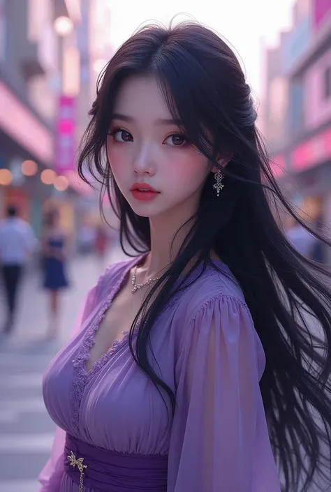 Gorgeous and beautiful young woman, long black hair, cute face, wearing grey and purple clothes, city landscape; pastel colors, 8K, detailed 