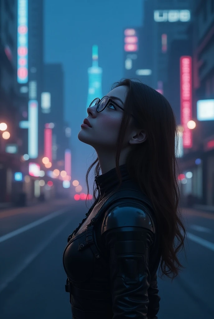  Masterpiece ,  best quality, , ( alone ), 1 girl, Look up, Dim light, , Horizon_( Legend Apex), glasses,  blue eyes,  brown hair, glove, Shoulder Armor ,   cute  {x}, (freckles:0.5), , ( Science  _novel), outdoor, road, Neon lights, cyberpunk,