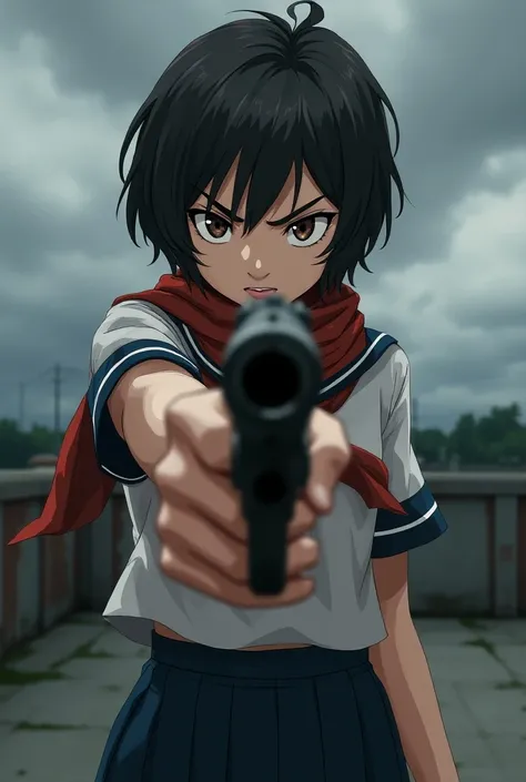 1girl, Solo, short Hair, school uniform, scarf, angry, pointing a gun at you, anime, scary, rooftop