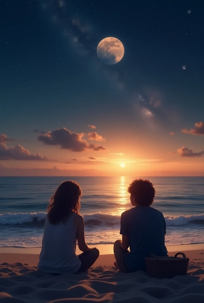 Two friend sitting on shore of a beautiful beach at the night. You have planet  in the sky 