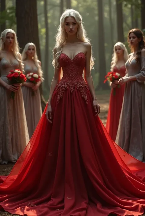  The dress in the picture remains ,  the woman gets white hair and a different face, She is an elf and is getting married ,  the dress should be elegant and sexy 