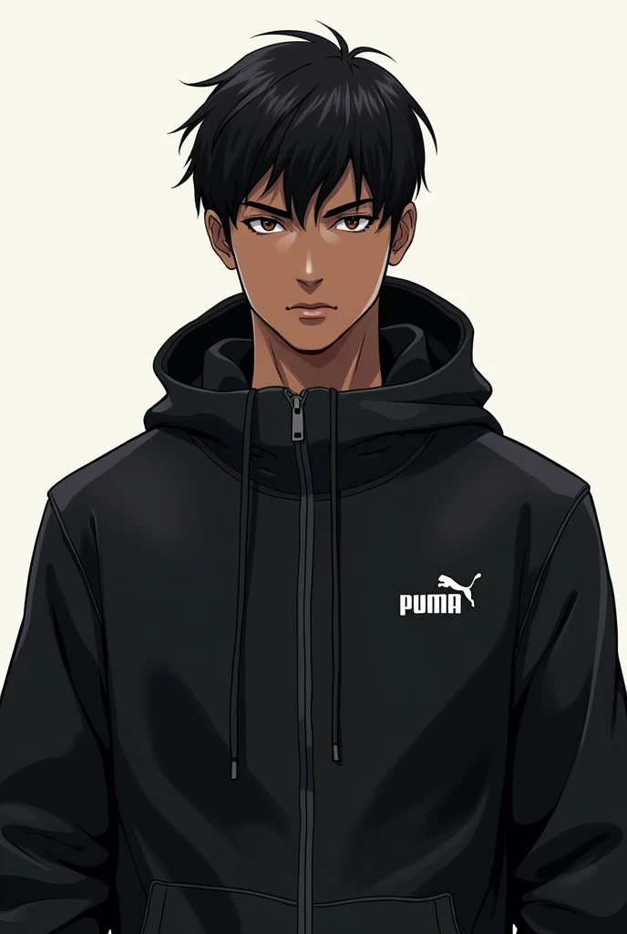 Black  tall boy with black short and straight hair indian ethnicity race: black and wearing puma jacket anime 